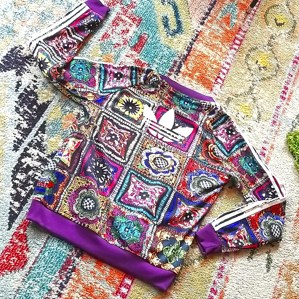 Adidas x FARM Rio HTF RARE Bomber Faux Crochet  Patchwork Track Workout Jacket M - Picture 4 of 15